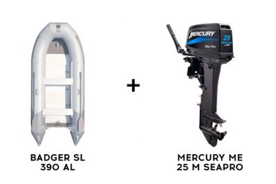 Лодка ПВХ BADGER SL 390 AL + 2х-тактный лодочный мотор MERCURY ME 25 M SEAPRO в Москве